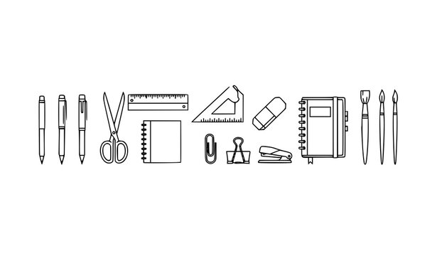 Minimal drafting and architectural tools outline icons vector set with rulers protractors compasses pencils and blueprints line-art