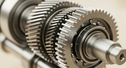Fototapeta premium Close-up view of a complex mechanical gearbox with multiple interlocking metal gears, illustrating intricate engineering and precision machinery