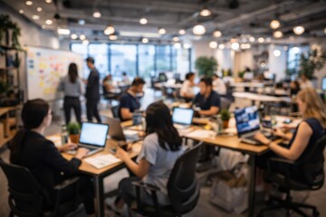 Fototapeta premium Blurred Modern Office Interior with Diverse Professionals Working