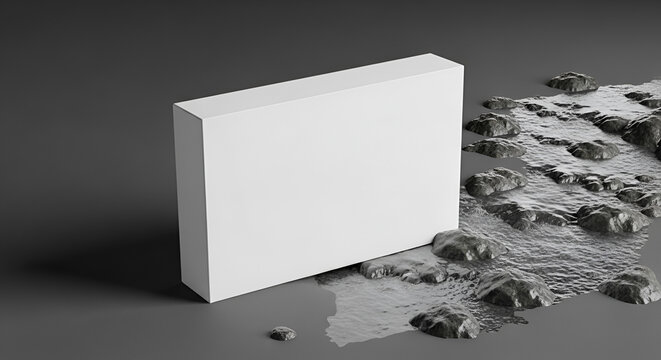 Blank white rectangular box standing on a grey surface next to a textured, rocky terrain with small pools of water, product packaging mockup
