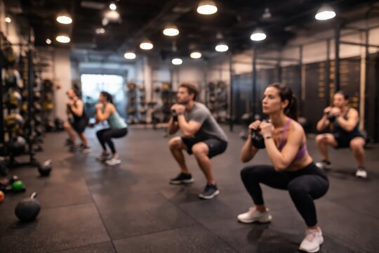 blurred background gym workout class people doing kettlebell goblet squats fitness training exercise health wellness active lifestyle