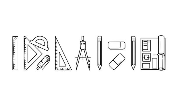 Minimal drafting and architectural tools outline icons vector set with rulers protractors compasses pencils and blueprints line-art