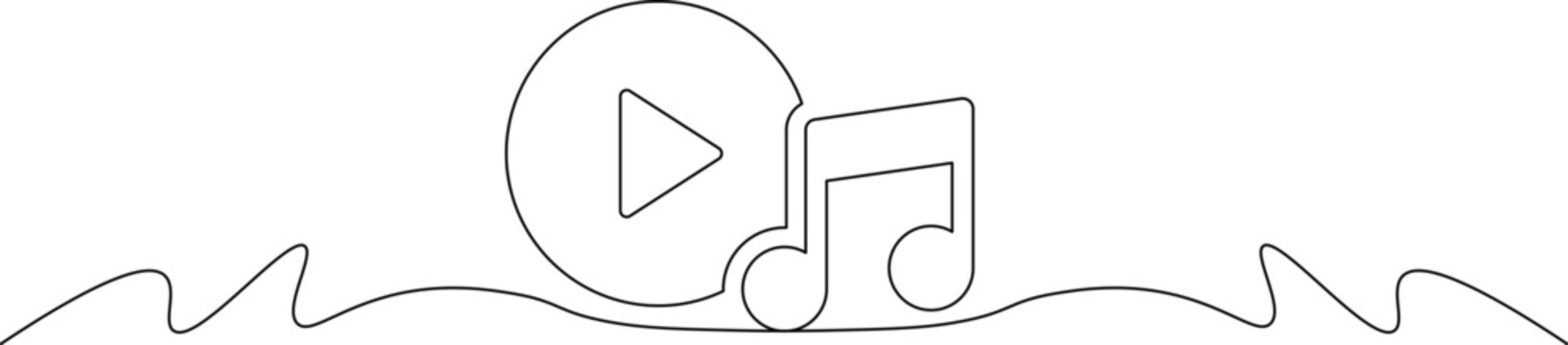 A minimalist line drawing of a play button and music note on a wavy line