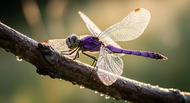 Close-up of a luminous purple dragonfly with dew-kissed gossamer wings perched on a wet branch