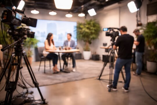 blurred tv studio broadcast interview talk show cameras lighting equipment media production set background out of focus reporters