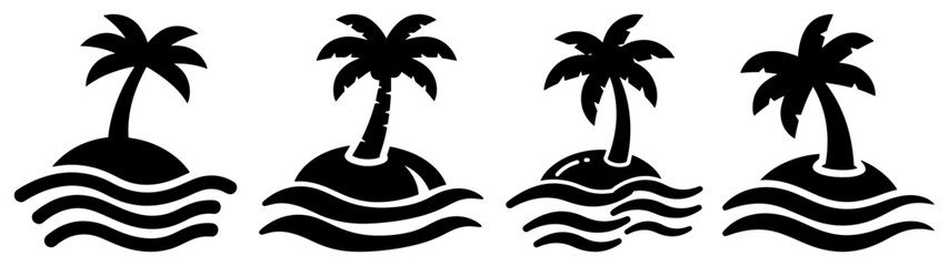 Tropical island silhouette vector icon set with palm tree and ocean waves for summer travel logo design © Mago