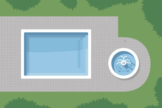 Top view vector illustration of a rectangular swimming pool and round fountain on a stone patio