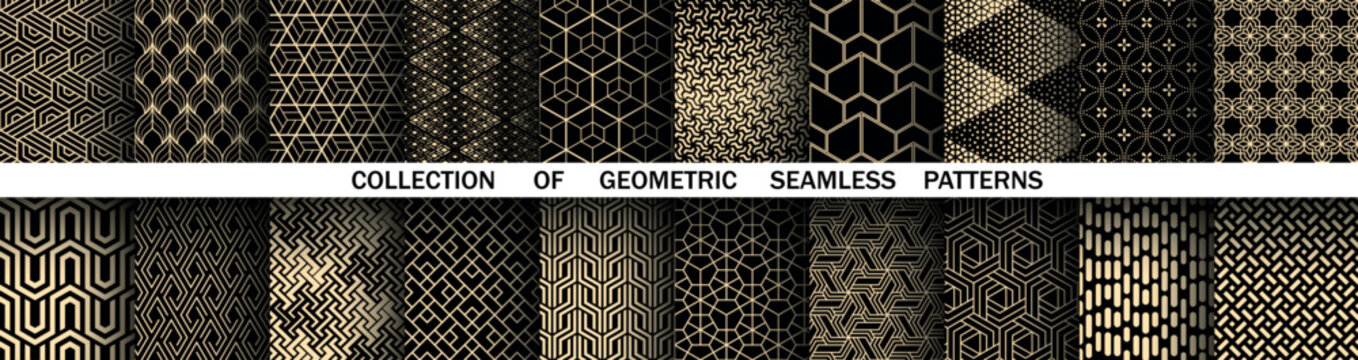 Geometric set of seamless black and golden patterns. Simple vector graphics