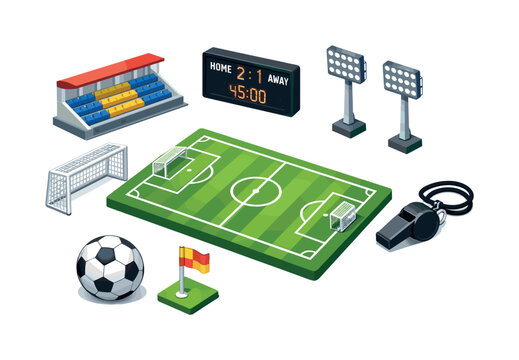Isometric soccer field and equipment collection for sports and game design