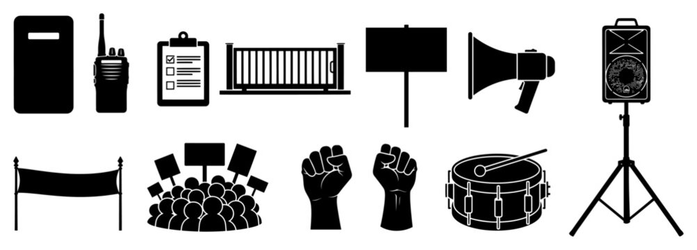 Protest and demonstration icon set vector illustration featuring riot gear megaphone signs and raised fists