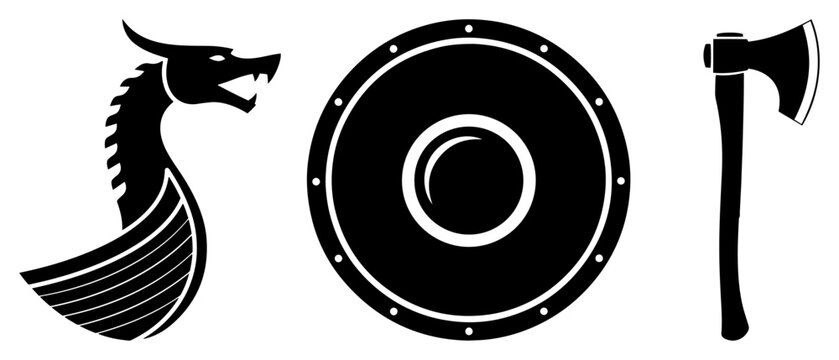 Viking warrior symbols set with dragon ship shield and battle axe silhouette vector illustration