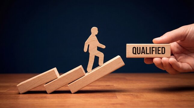 Wooden figure climbing inclined blocks toward qualified goal career progress and success concept