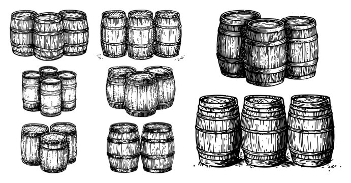 Collection of Hand Drawn Wooden Barrels and Kegs in Vintage Engraving Style
