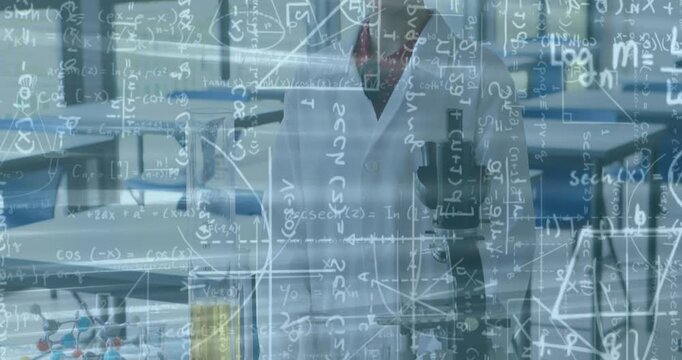 Animation of mathematical equations over schoolgirl in lab