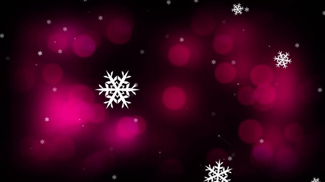Animation of christmas snowflakes falling over pink spots of light in background