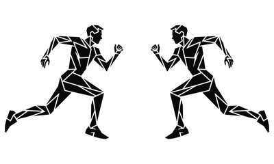 Obraz premium Two Stylized Athletes Running Opposite Directions Dynamic Motion Fitness Concept Illustration