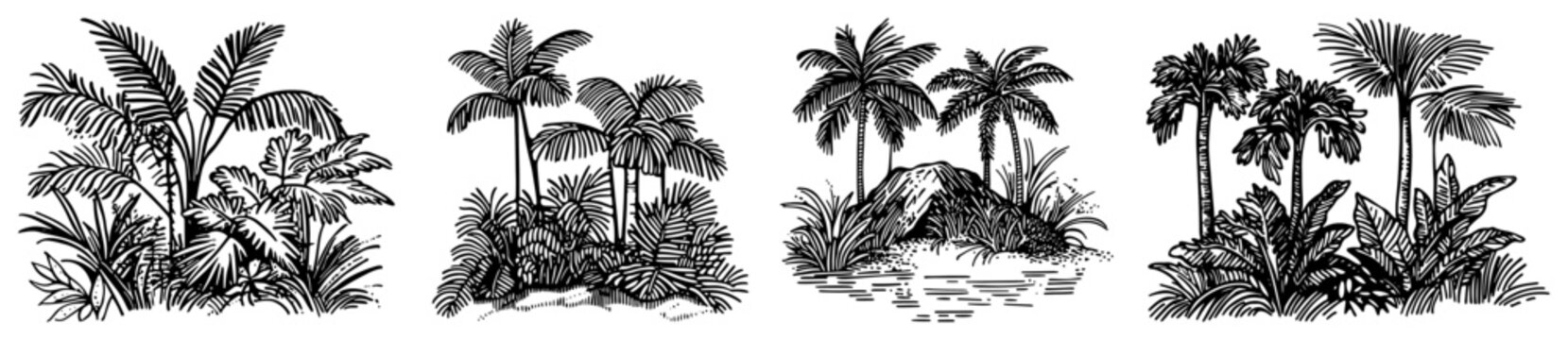 Tropical palm tree landscapes and jungle foliage vintage woodcut engraving style vector illustration