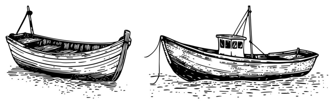 Old wooden fishing boat and rowboat sketches vintage woodcut engraving style vector illustration