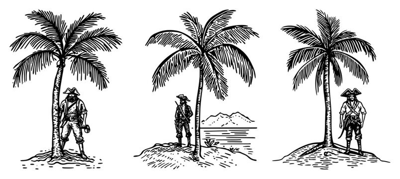 Tropical island with palm tree and pirate vector illustration in vintage engraving style