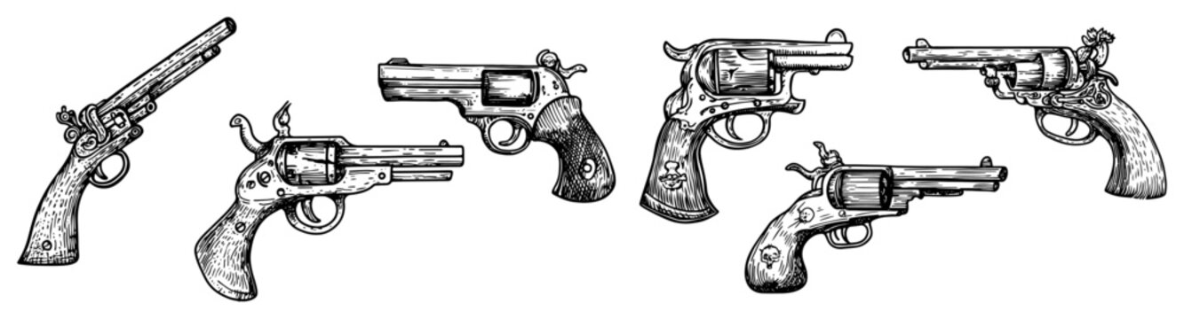 Collection of vintage cowboy revolvers and antique pistols wild west weaponry woodcut engraving style vector illustration
