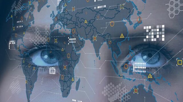 Animation of data processing over world map and earth day text banner over close up of a female eyes