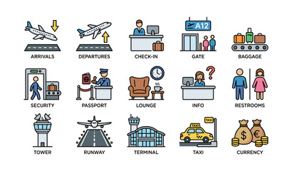 Fototapeta premium Airport icons: arrivals, departures, check-in, terminals, facilities
