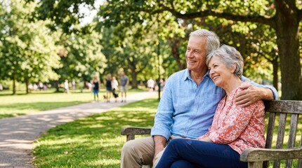 Fototapeta premium An elderly couple sits together on a wooden park bench, enjoying a sunny day. The man, with gray hair and a blue shirt, leans his arm around the woman, who wears a pink and orange patterned shirt.