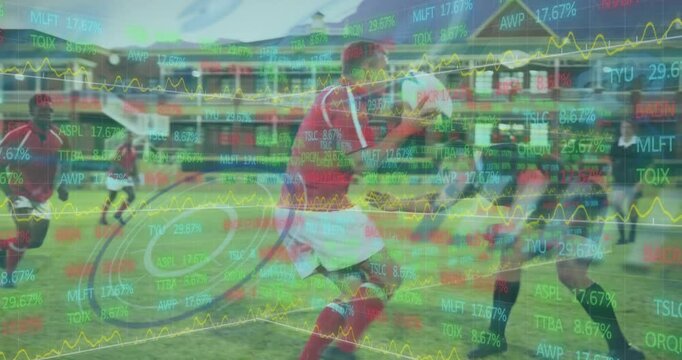 Animation of data processing and scope scanning over diverse rugby players at stadium