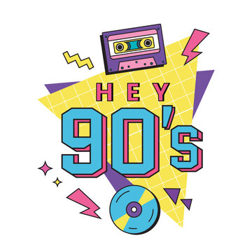 Vector retro illustration with a cassette tape, CD, and geometric shapes in bright pink, yellow, blue, purple, evoking playful 1990s pop culture and nostalgia.A colorful design with bold HEY 90&rsquo;s text