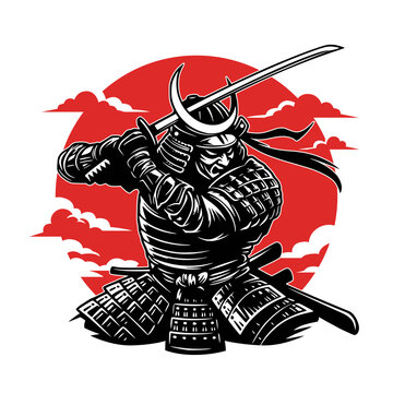 Japanese Samurai Warrior with Katana Sword and Red Sun Background