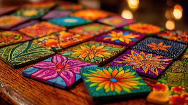 An assortment of vibrant, handcrafted batik stamps featuring intricate floral patterns displayed artfully on a wooden surface.