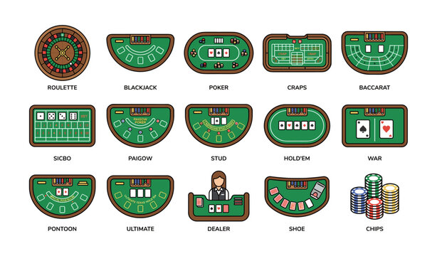 Casino gaming tables: roulette, blackjack, poker, craps, baccarat