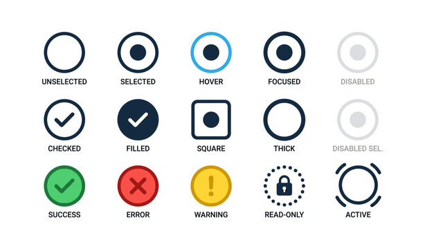 Icon set for user interface design: selected, hover, focused, checked, active