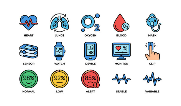 Healthcare icons: heart, lungs, oxygen, blood, vital signs monitoring symbols