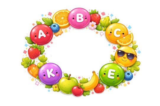 Cute cartoon vitamins A B C E K characters in a colorful circular wreath with fresh fruits and vegetables isolated on white background.