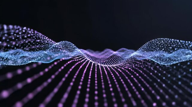 A mesmerizing digital landscape of flowing particles and light creates an abstract and futuristic visual experience against a dark background.