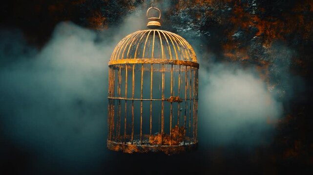 An aged, empty birdcage hangs amidst swirling smoke with a dark, textured background
