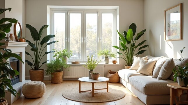 Sal&oacute;n de estilo escandinavo, plantas y luz solar suave, hogar minimalista para una vida tranquila