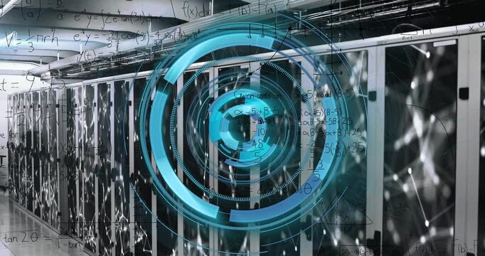 Animation of processing circle, connections and math formulas over servers