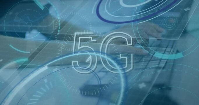 Animation of scope scanning with 5g text and data processing over hands typing on keyboard