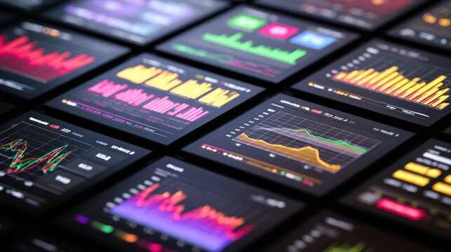 Numerous glowing digital displays present various financial market analytics in a dark setting.