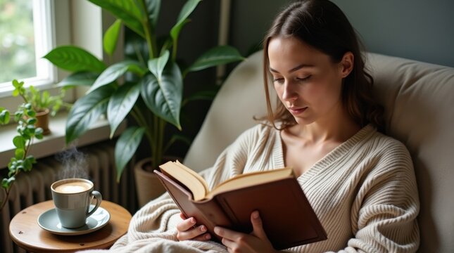 Mujer sentada c&oacute;modamente en un sof&aacute; mullido, leyendo un libro antiguo
