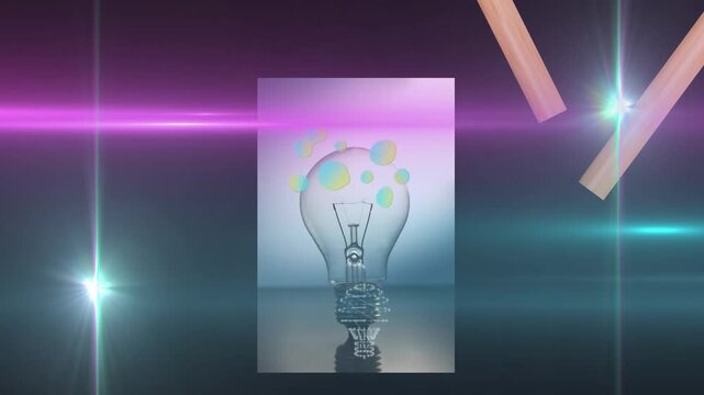Animation of light trails over shapes and light bulb on black background