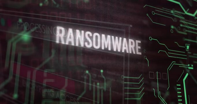 Animation of ransomware and circuit board pattern over binary codes against black background