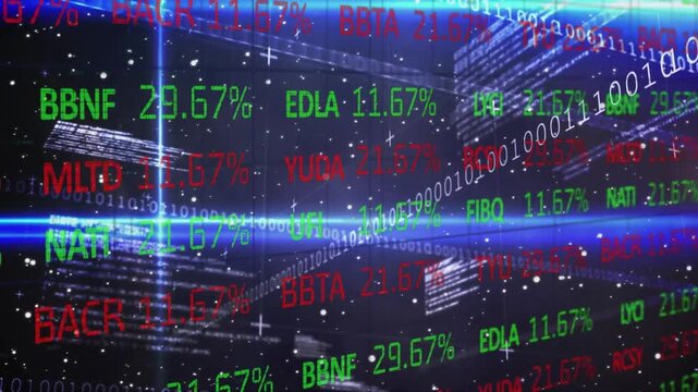 Animation of trading board over lens flare and binary codes against abstract background
