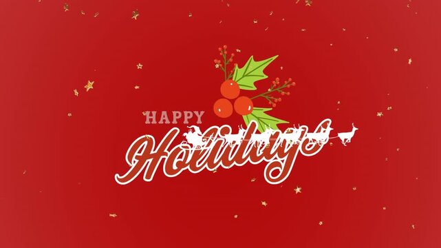 Animation of happy holidays and santa sleigh on red background with snow