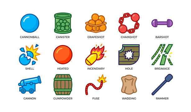 Colorful illustrations of cannonball, canister, chainshot, and explosive items