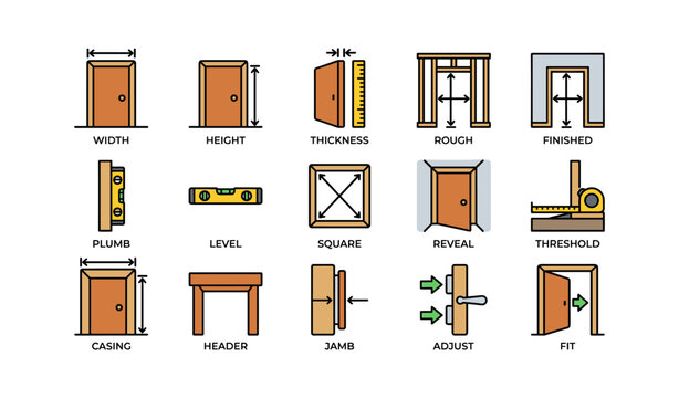Door installation icons: measurement tools and components explained