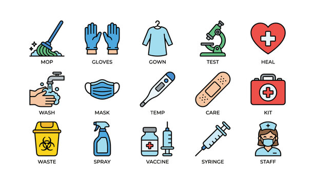 Medical and safety icons: mop, gloves, gown, microscope, heart, mask, thermometer, bandage, first aid, waste, spray, vaccine, syringe, nurse