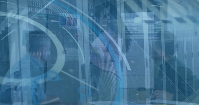 Animation of loading circles, computer language, server room against diverse coworkers sharing ideas